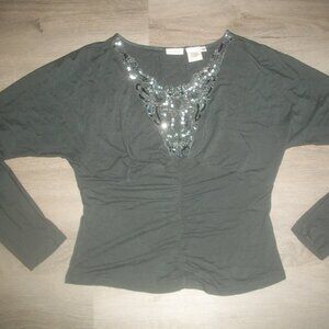 womens beaded top.gray pleat blouse.silver beaded bling. size small